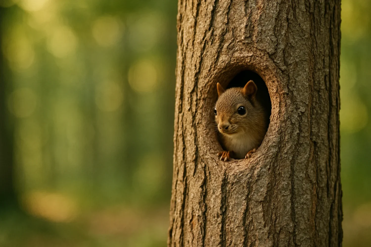 Una ardilla asoma curiosamente desde un agujero hecho por un pájaro carpintero en el tronco de un árbol, con un bosque desenfocado al fondo.