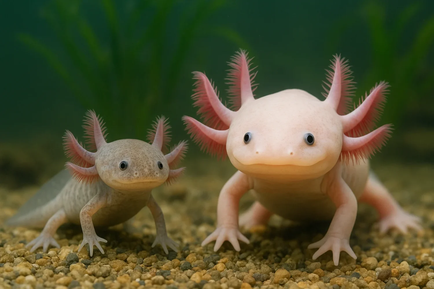 Dos axolotl sumergidos en agua clara, uno más joven de tono gris y otro adulto rosado, ambos con branquias externas visibles. Representan las curiosidades del axolotl y su desarrollo neoténico.