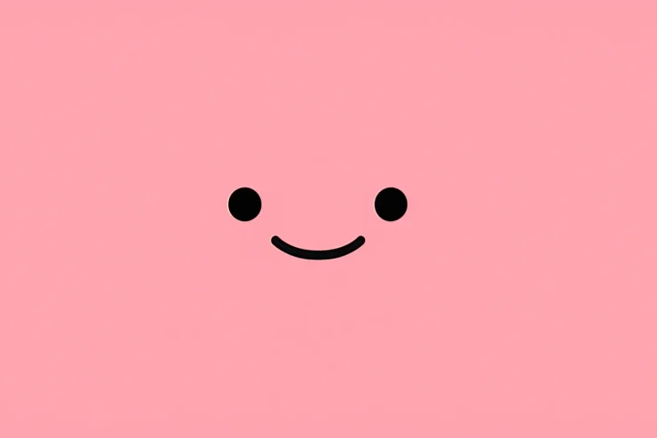 Fondo rosado con una carita feliz minimalista al centro. Representa las curiosidades del axolotl sin revelar al animal, manteniendo el misterio.