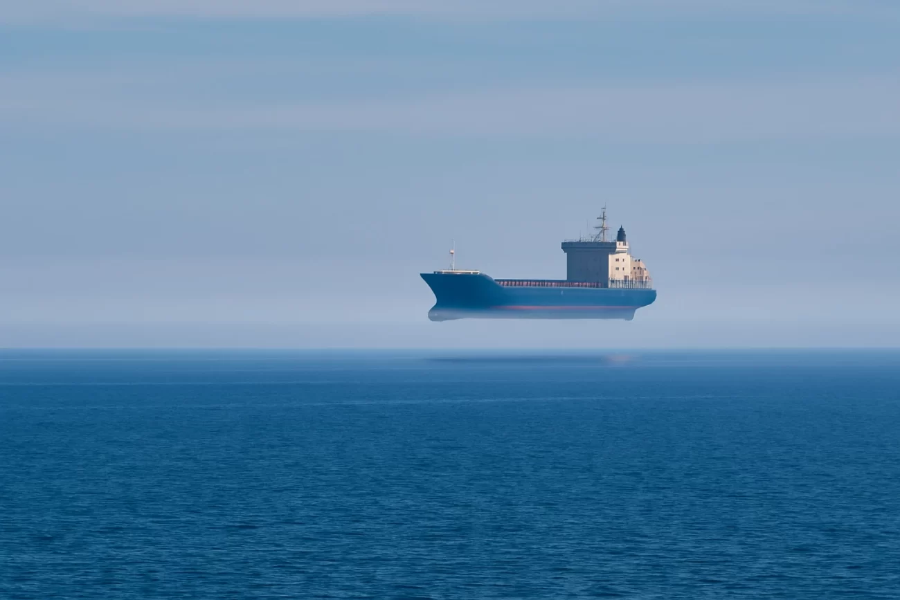 Barco aparentemente flotando sobre el mar debido a un espejismo óptico, con el horizonte difuso por la bruma.