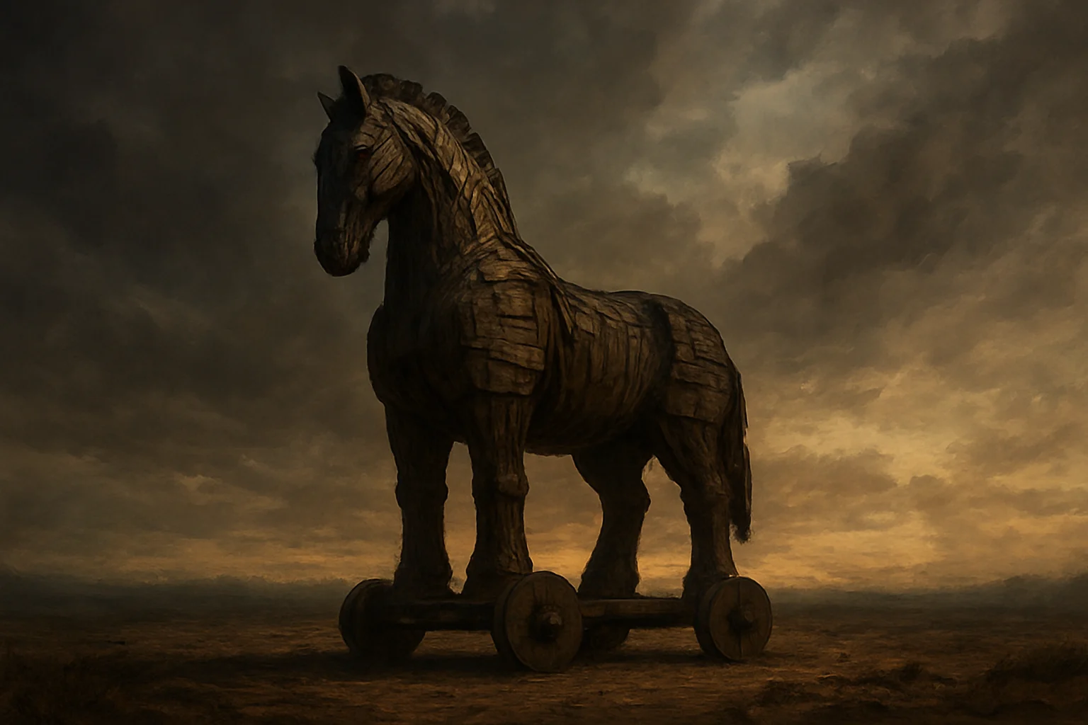 El caballo de Troya de madera se alza en soledad sobre una llanura desierta, bajo un cielo nublado e iluminado por la tenue luz del amanecer o anochecer.