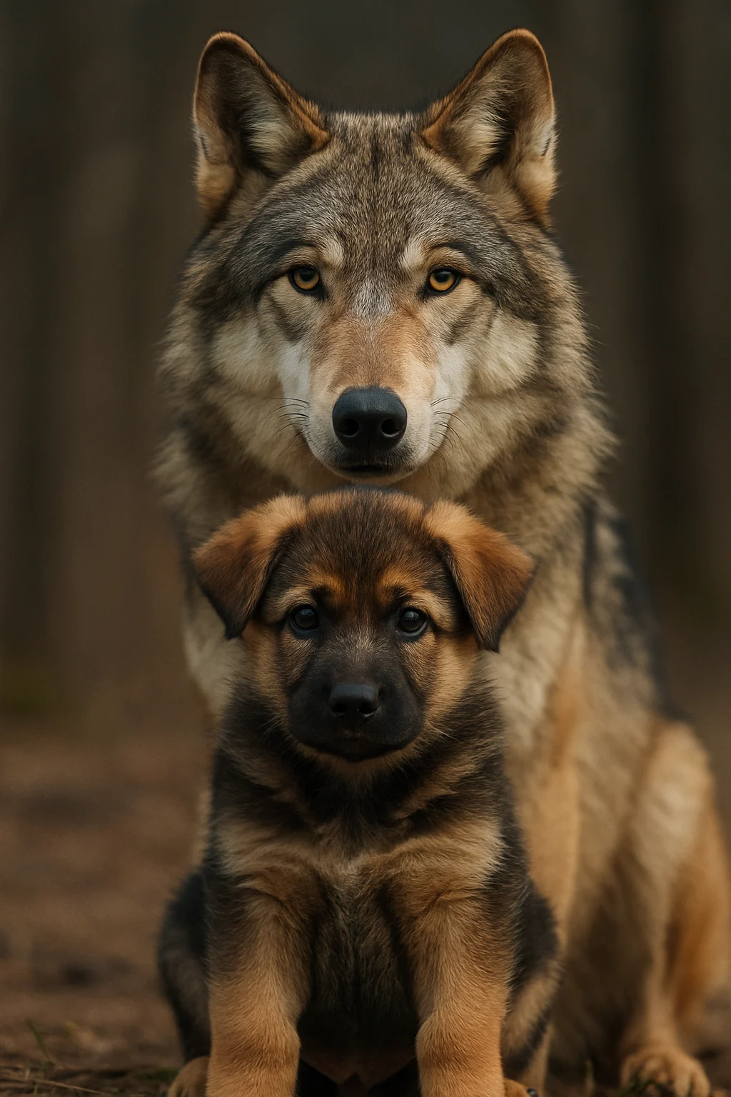 Cachorro de perro mirando al frente, con un lobo imponente detrás también mirando de frente, en un entorno boscoso desenfocado.