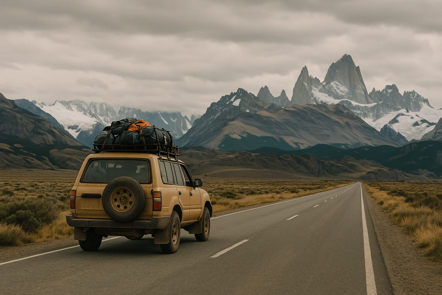 Una camioneta cargada con mochilas y equipo de viaje recorre una carretera desierta en Sudamérica, con montañas imponentes al fondo bajo un cielo nublado.