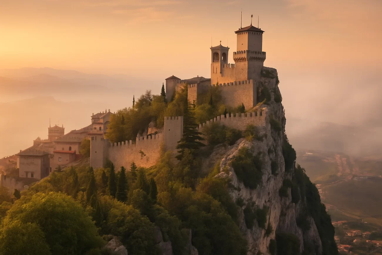 Vista panorámica de San Marino al atardecer, con torres medievales sobre el monte Titano y colinas cubiertas de niebla.
