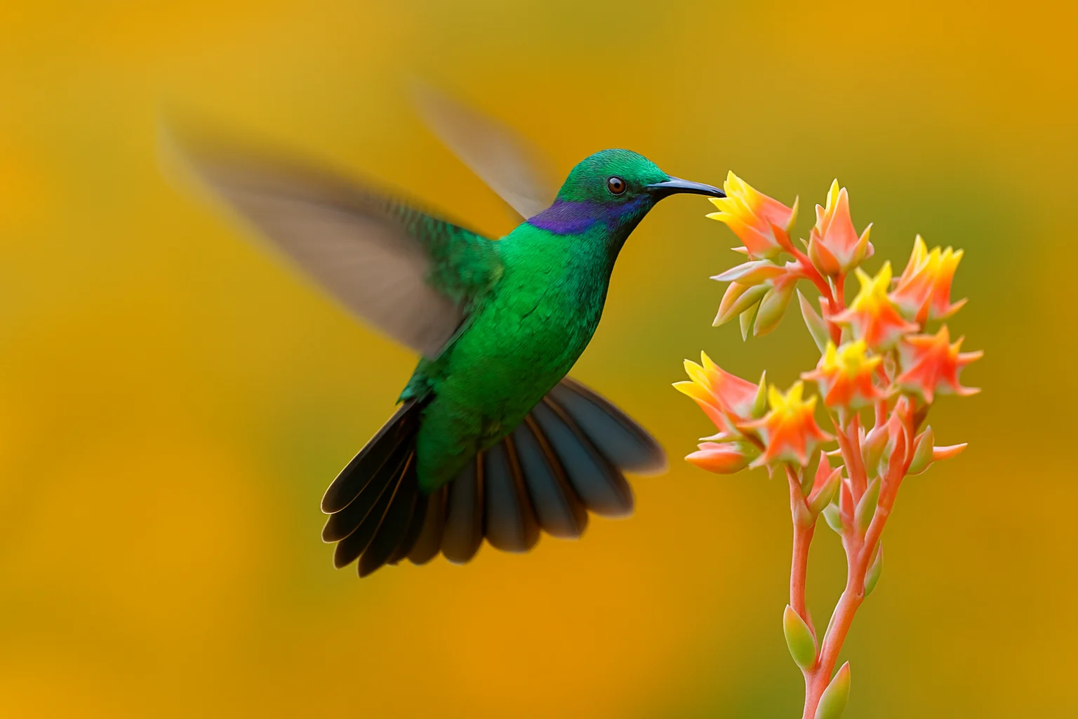 Colibrí verde vibrante alimentándose en vuelo de una flor amarilla sobre fondo cálido desenfocado.