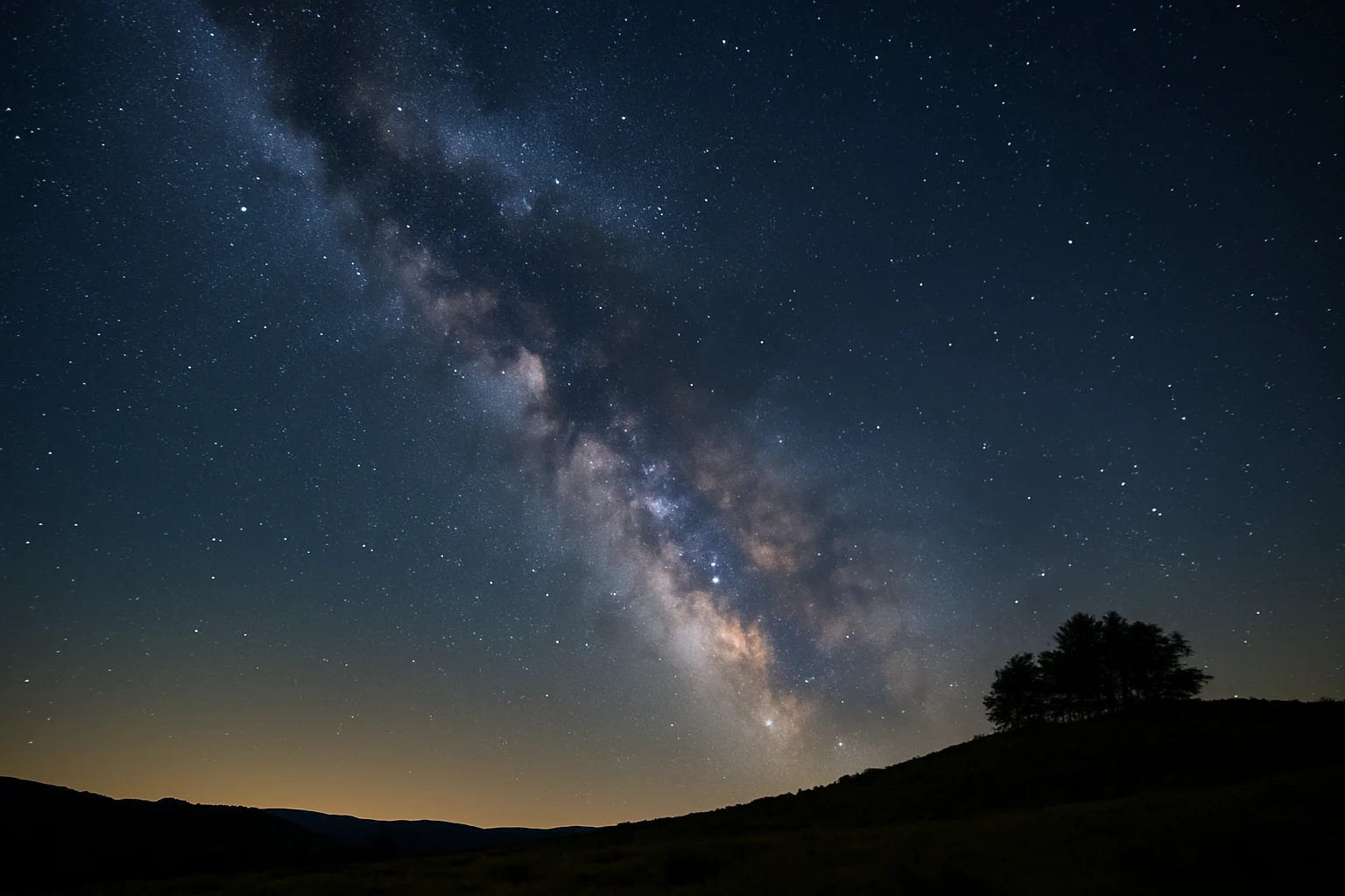 Fotografía nocturna de alta resolución que muestra la Vía Láctea cruzando el cielo estrellado sobre colinas oscuras, con un grupo de árboles silueteados en el horizonte.