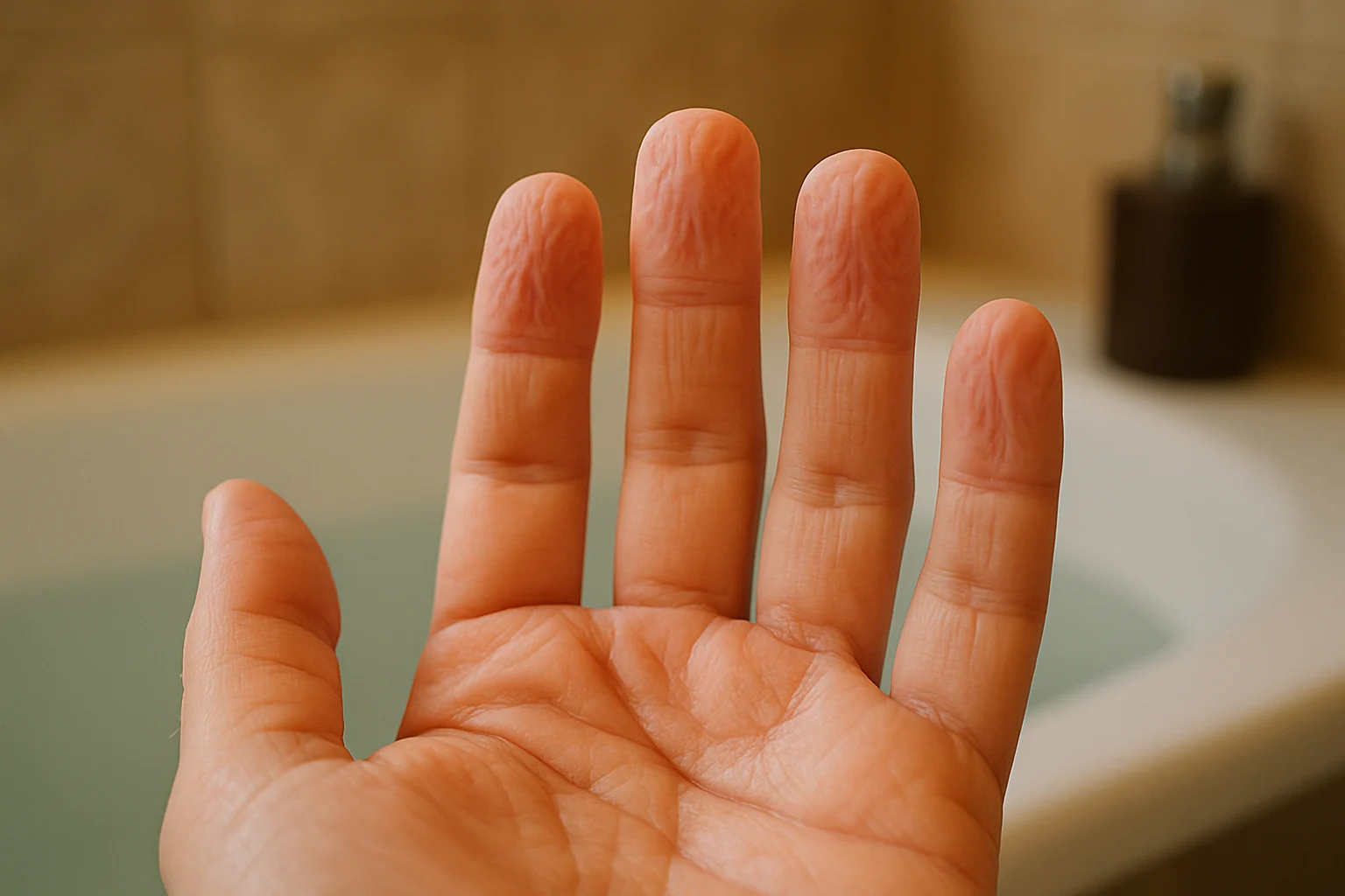 Mano vista desde la perspectiva de la persona, con las yemas de los dedos arrugadas tras estar en el agua, sobre un fondo de bañera desenfocado.