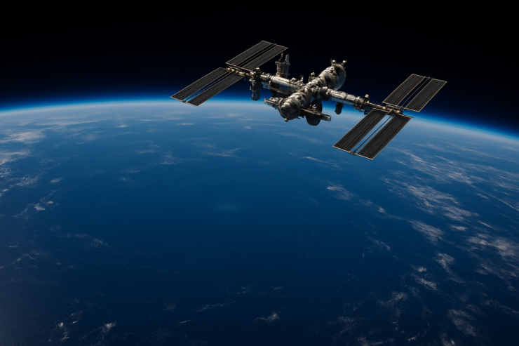 Imagen generada por IA que muestra la Estación Espacial Internacional sobrevolando el punto Nemo, el lugar más remoto del planeta Tierra, en medio del océano Pacífico.