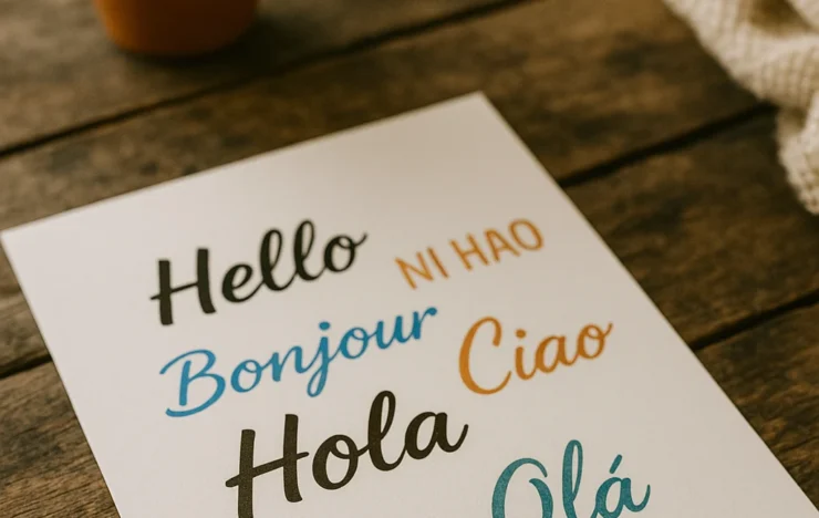 Hoja de papel con la palabra “hola” escrita en distintos idiomas, sobre una mesa de madera rústica. Al fondo se ve una planta en maceta y una manta de lana.