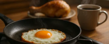 Huevo frito con bordes dorados en sartén de hierro, muslo de pollo asado al fondo y taza de café humeante sobre mesa de madera, ilustrando la reacción de Maillard en alimentos cotidianos