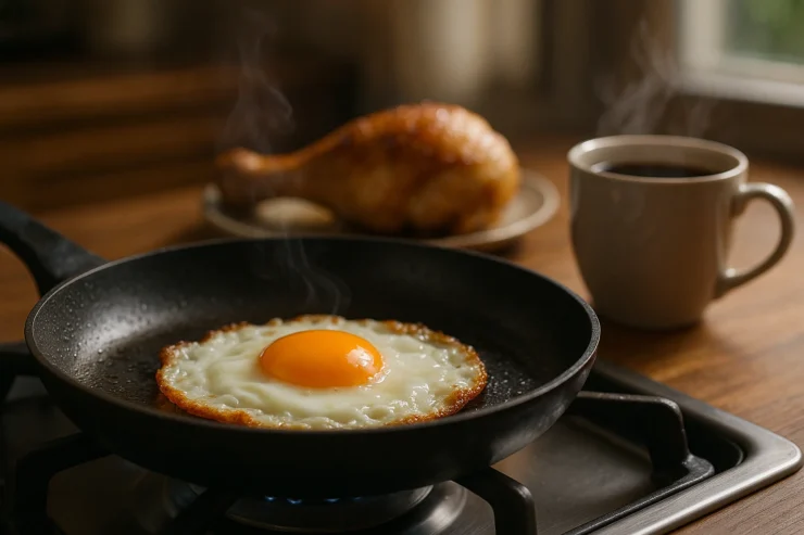 Huevo frito con bordes dorados en sartén de hierro, muslo de pollo asado al fondo y taza de café humeante sobre mesa de madera, ilustrando la reacción de Maillard en alimentos cotidianos