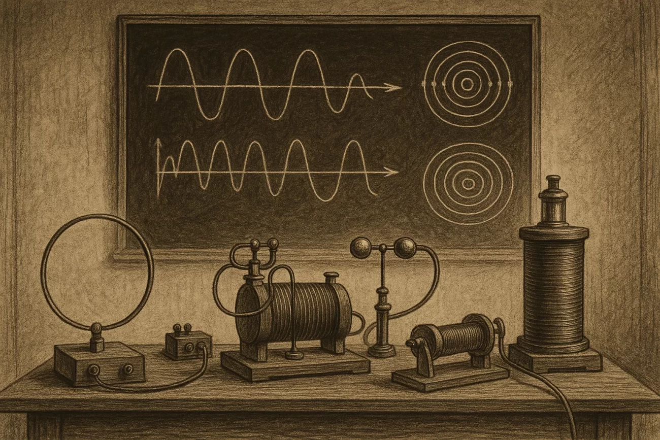 Representación visual del origen de la radio con ondas electromagnéticas dibujadas en una pizarra y equipos de laboratorio del siglo XIX sobre una mesa, como bobinas e inductores, en un estilo de ilustración científica antigua.