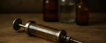 Jeringa antigua de vidrio y metal sobre una mesa de madera, con frascos médicos al fondo, representando quién inventó las jeringas y su evolución médica