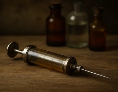 Jeringa antigua de vidrio y metal sobre una mesa de madera, con frascos médicos al fondo, representando quién inventó las jeringas y su evolución médica