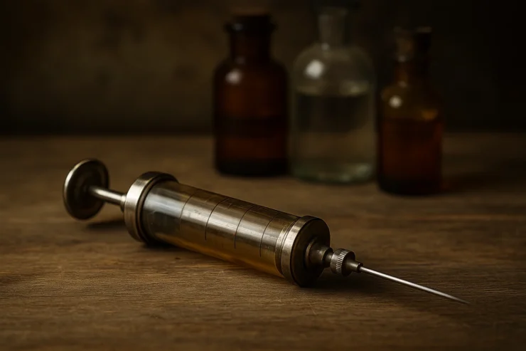 Jeringa antigua de vidrio y metal sobre una mesa de madera, con frascos médicos al fondo, representando quién inventó las jeringas y su evolución médica