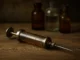 Jeringa antigua de vidrio y metal sobre una mesa de madera, con frascos médicos al fondo, representando quién inventó las jeringas y su evolución médica