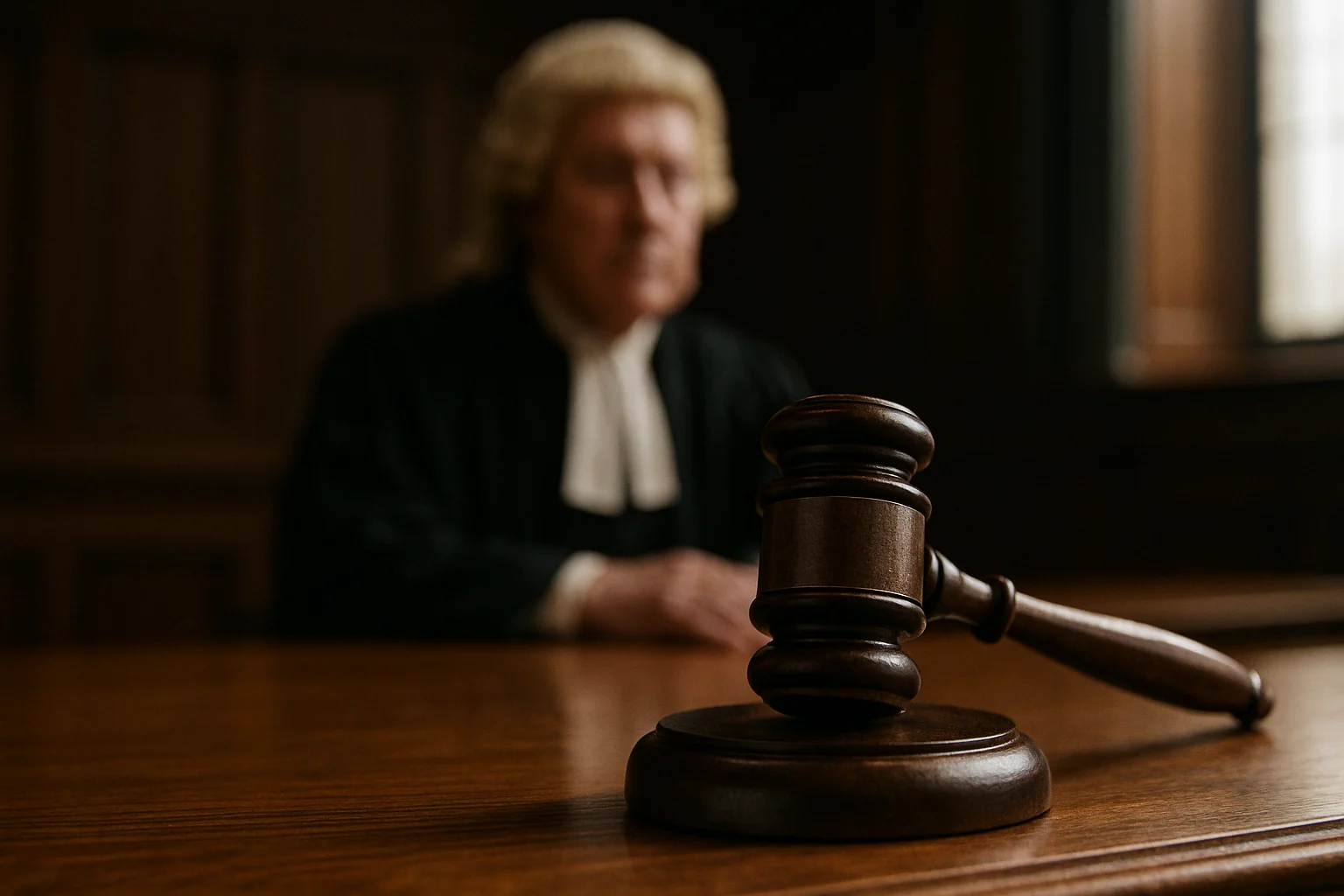 Martillo de juez en primer plano sobre una mesa de madera, con un juez desenfocado al fondo usando peluca y toga, en un tribunal iluminado por luz natural.