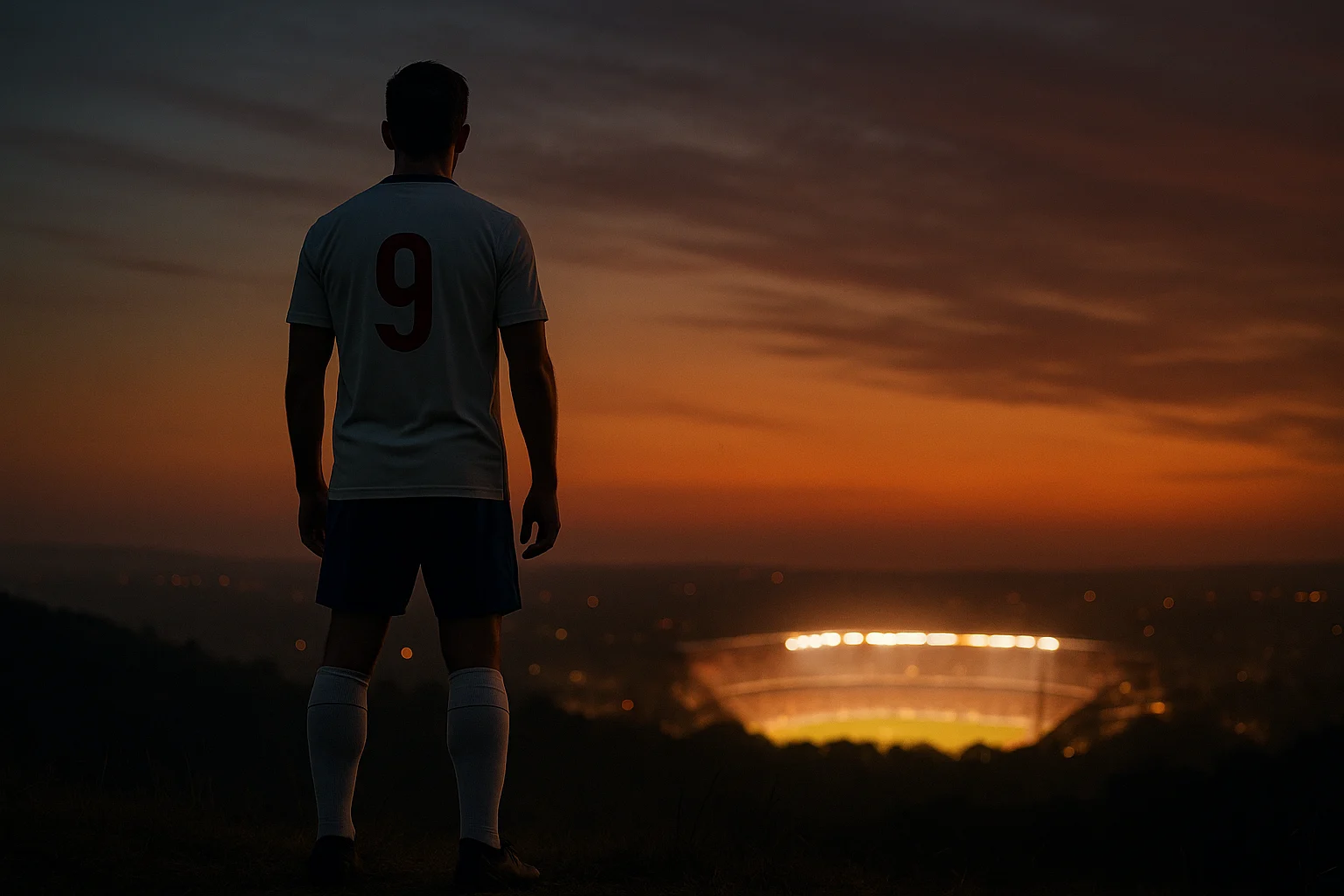 Jugador de fútbol de espaldas observando un estadio iluminado a lo lejos desde una colina al atardecer.