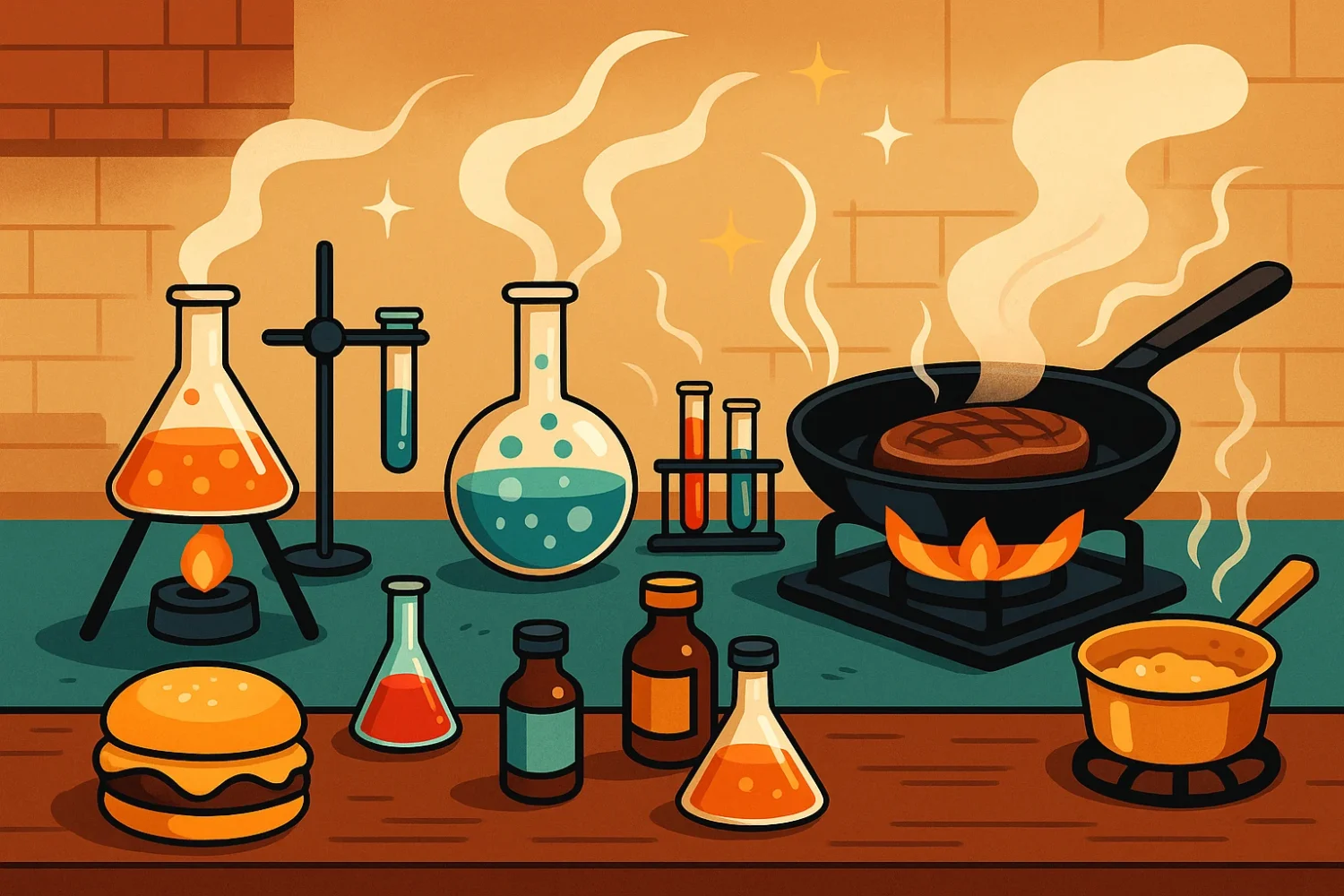 Ilustración colorida de una cocina convertida en laboratorio, con frascos, tubos de ensayo y una sartén con carne al fuego, representando la reacción de Maillard como una fusión entre ciencia y gastronomía