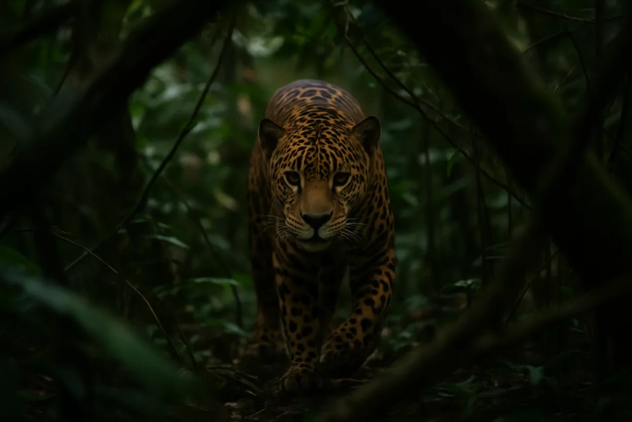 Un jaguar camina sigilosamente entre ramas densas de una selva tropical, iluminado por la luz filtrada, en una escena vista desde una perspectiva camuflada.