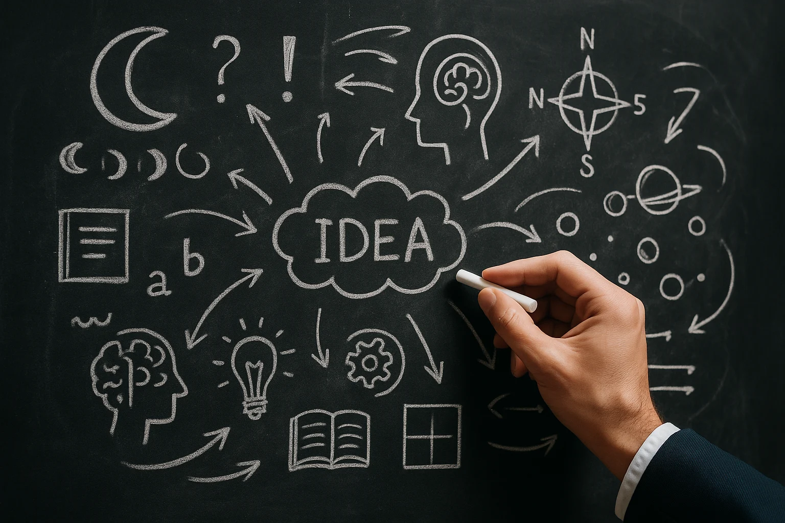 Mano escribiendo con tiza sobre una pizarra llena de dibujos conceptuales como una luna, una brújula, un cerebro, planetas y flechas que rodean la palabra “idea”.