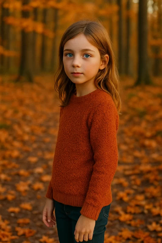 Niña de cabello castaño claro y ojos azules, de perfil y mirando a la cámara, en un bosque otoñal cubierto de hojas naranjas.