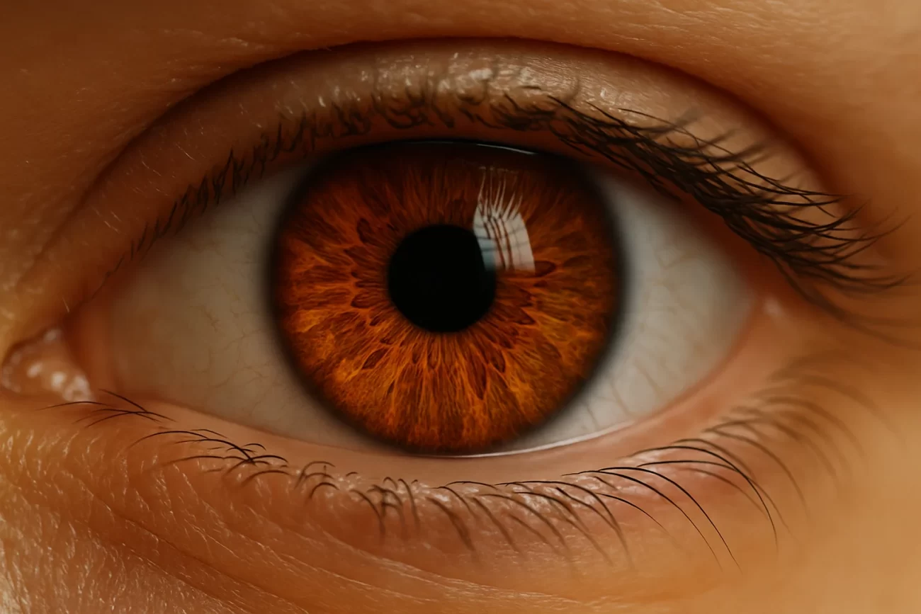 Fotografía macro de un ojo humano color ámbar, donde se aprecian en detalle las fibras del iris con tonalidades doradas y cobrizas, bajo una luz suave y envolvente.