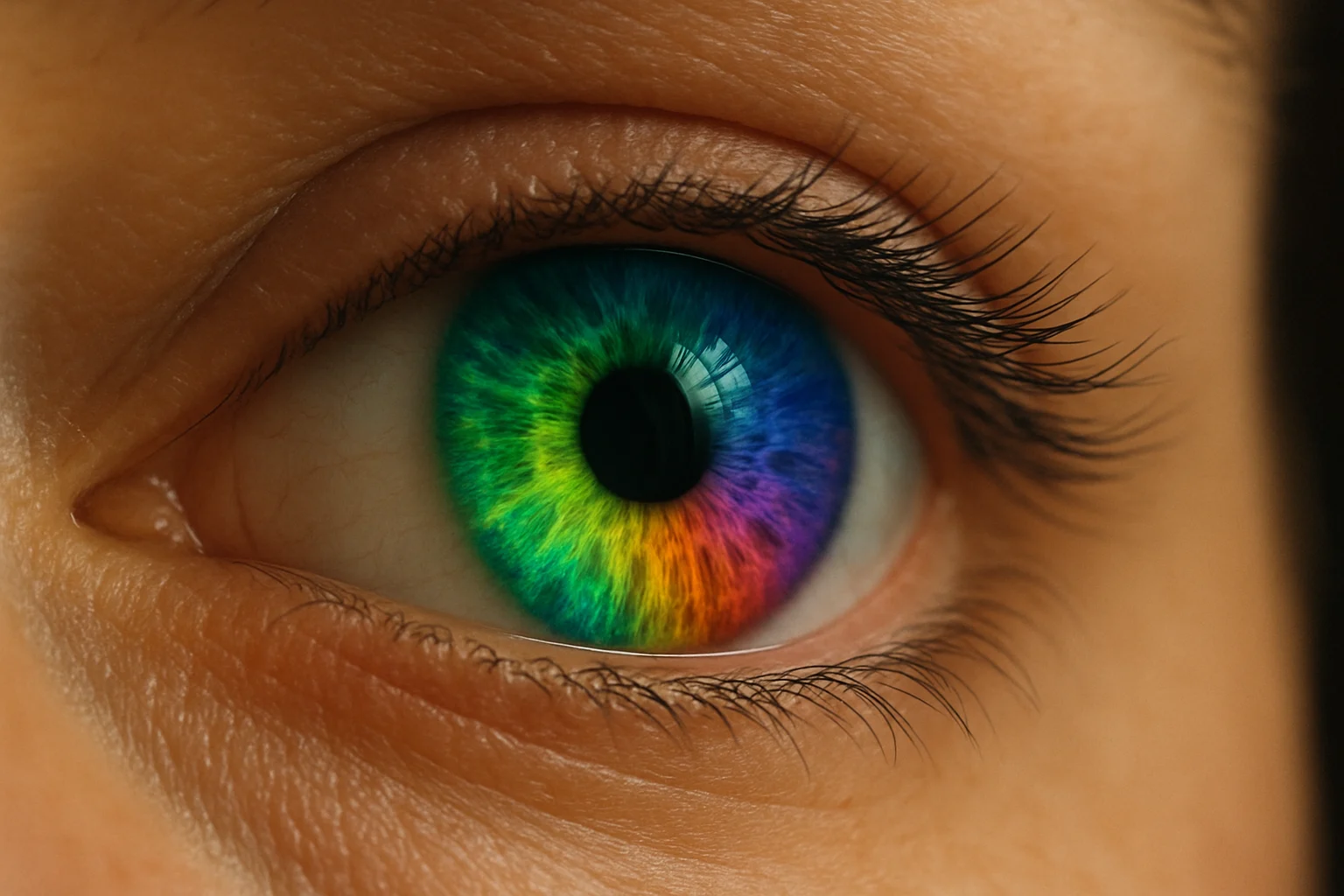 Imagen macro de un ojo visto en ángulo diagonal, el color del iris es multicolor que combina todos los tonos del arcoíris en forma radial.