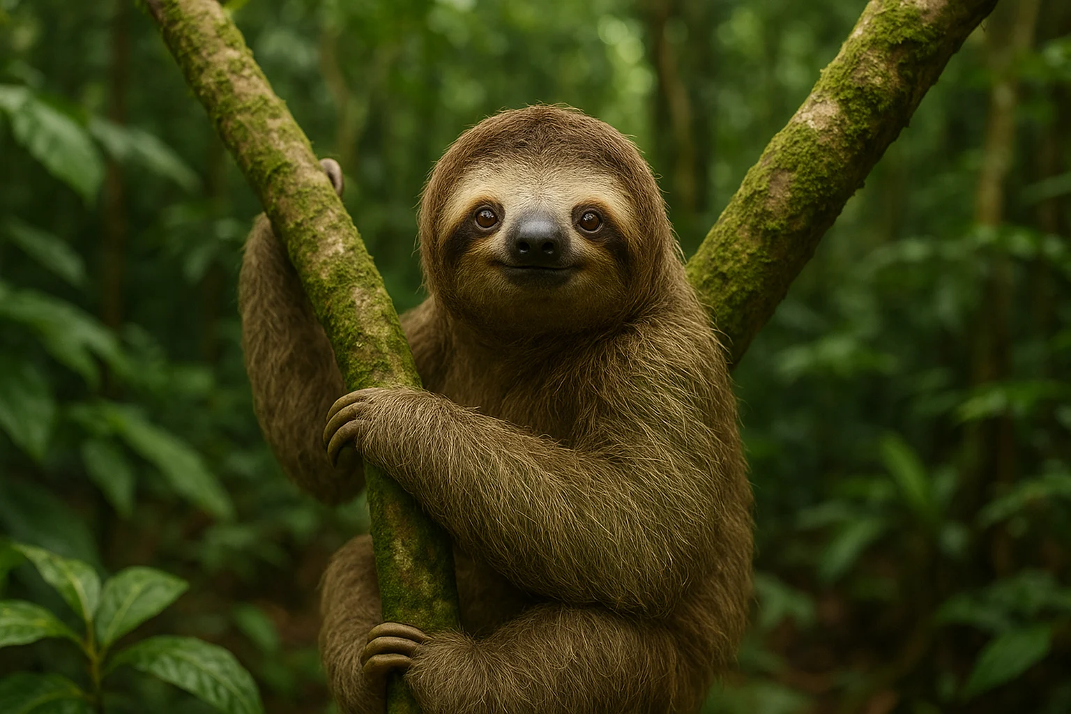 Un oso perezoso de tres dedos colgado de una rama cubierta de musgo en medio de una selva tropical, mirando a cámara con expresión tranquila.