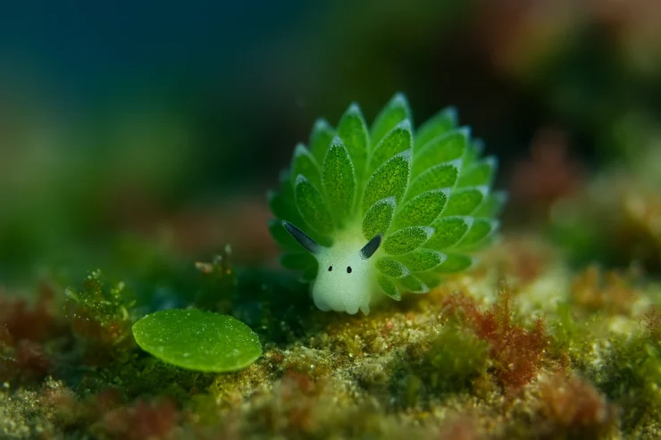 Una oveja de mar, una pequeña babosa marina de cuerpo translúcido con ceratas verdes en forma de hojas, se desplaza lentamente sobre el fondo marino cubierto de algas. La escena está iluminada con luz suave y los colores del entorno son vivos pero difusos.