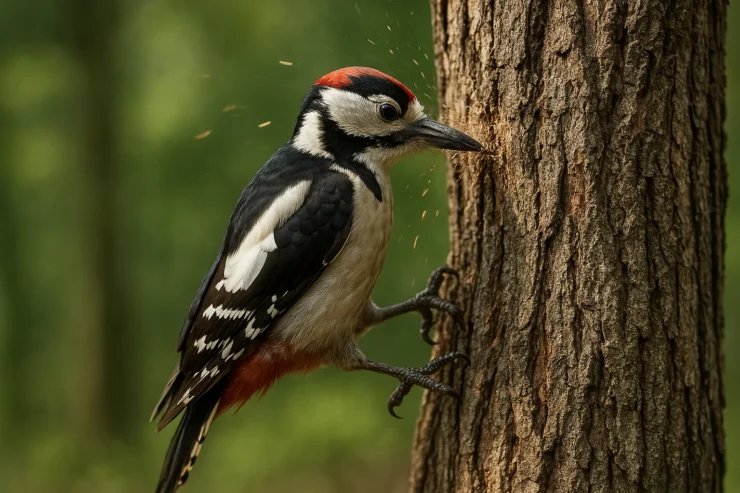 Un pájaro carpintero de perfil golpea con fuerza un árbol, mientras fragmentos de madera vuelan por el aire en un bosque iluminado por la luz natural.