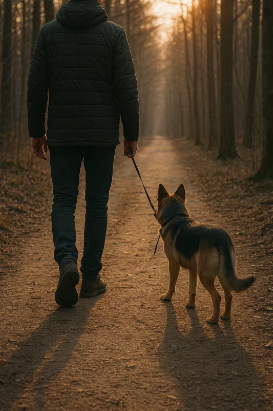 Persona caminando por un sendero boscoso junto a su perro, durante la tarde, con la luz del sol filtrándose entre los árboles.