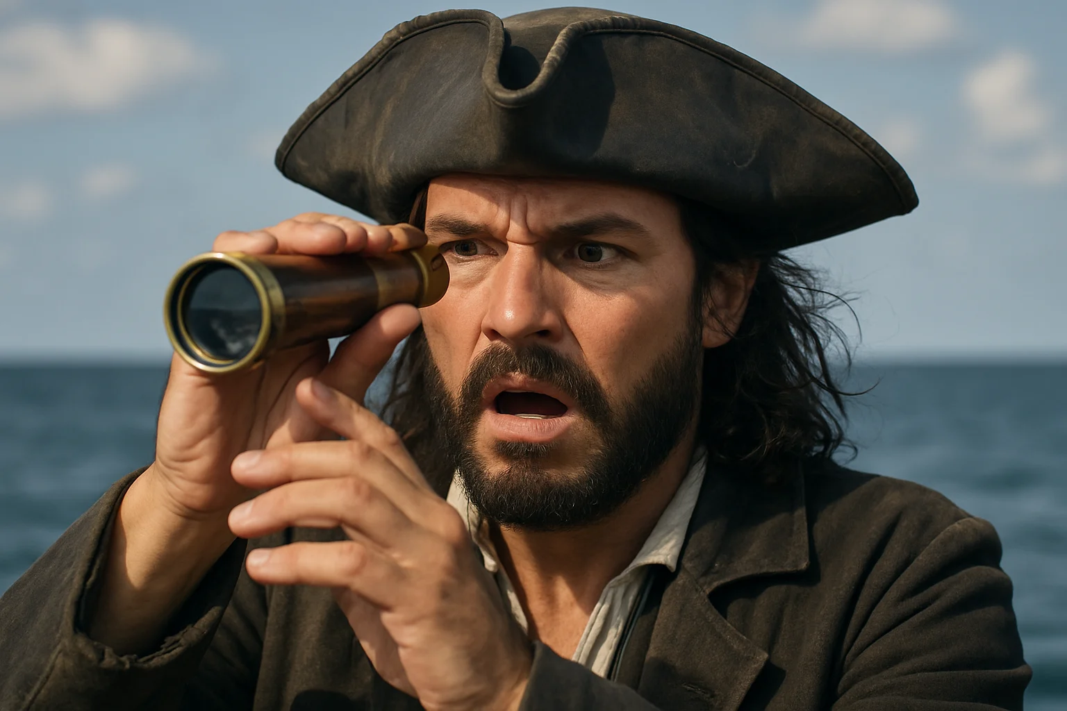 Pirata con expresión de asombro llevando un catalejo a los ojos mientras observa el horizonte desde la cubierta de un barco.