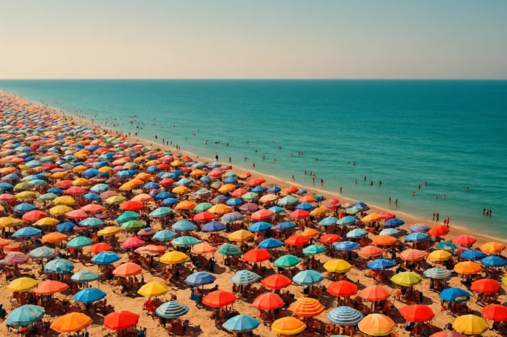 Vista panorámica de una playa llena de sombrillas durante el fenómeno del afelio, representando el calor del verano sin mostrar al Sol directamente.