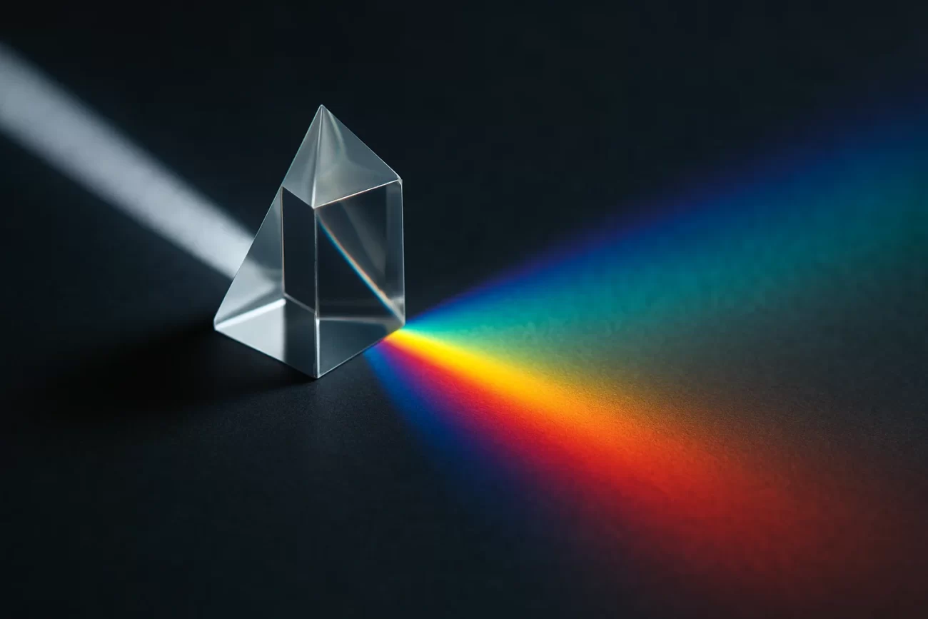 Un prisma triangular de vidrio sobre fondo oscuro dispersa un rayo de luz blanca en un espectro de colores vibrantes.