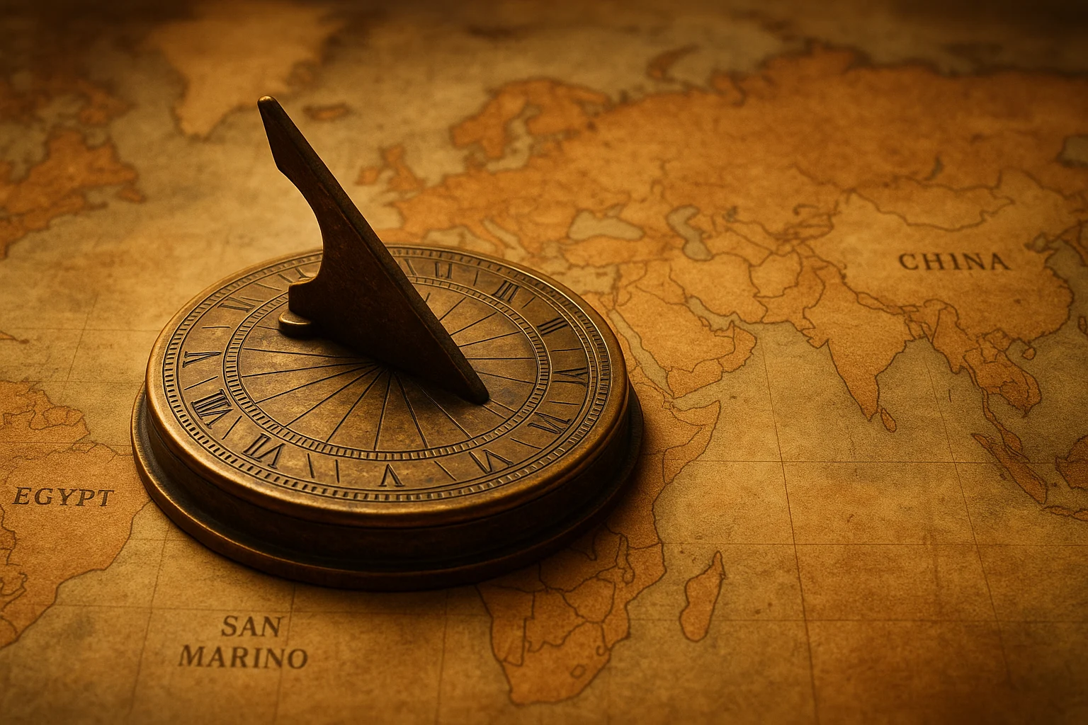 Reloj de sol antiguo de bronce sobre un mapa del mundo envejecido, iluminado por luz cálida.