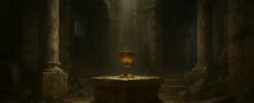 El Santo Grial representado como un cáliz dorado sobre un altar cubierto de musgo, en el centro de un templo en ruinas con columnas caídas y vegetación invasiva, iluminado dramáticamente por un rayo de luz natural que entra desde lo alto.