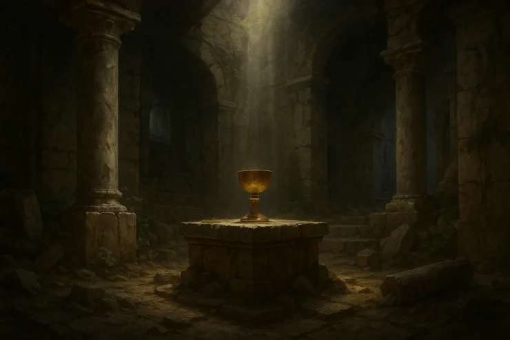El Santo Grial representado como un cáliz dorado sobre un altar cubierto de musgo, en el centro de un templo en ruinas con columnas caídas y vegetación invasiva, iluminado dramáticamente por un rayo de luz natural que entra desde lo alto.