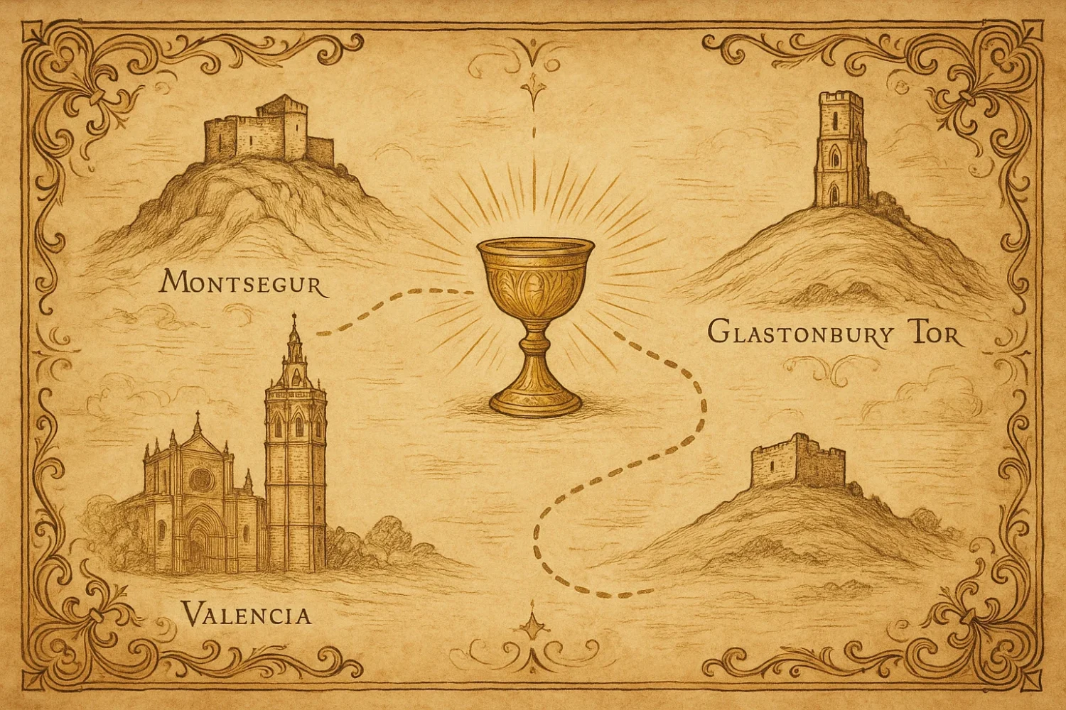 Representación simbólica del Santo Grial como un mapa antiguo, con ilustraciones detalladas de la Catedral de Valencia, la colina de Glastonbury Tor y la fortaleza de Montségur, unidas por un trazo en forma de ruta y con un cáliz dorado brillando en el centro. La imagen sugiere una búsqueda legendaria a través de lugares históricos.