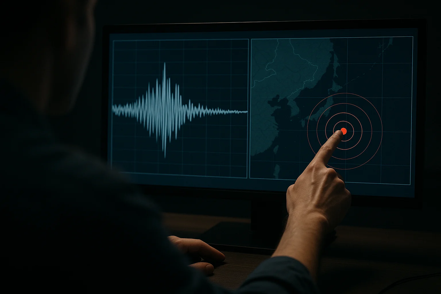 Persona observando una pantalla de monitoreo sísmico en una sala oscura, con el dedo señalando el epicentro de un sismo mientras se visualiza el trazo de un sismógrafo en tiempo real.