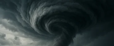 Imagen generada por IA que muestra un fenómeno extremo con nubes giratorias sobre el mar, ilustrando la Diferencia entre huracán y tornado sin identificarlo claramente.