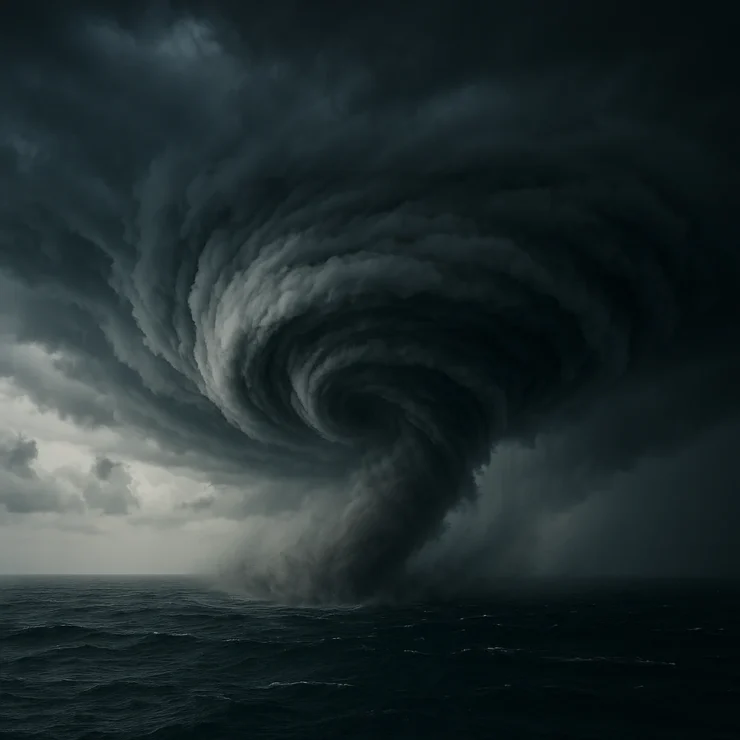 Imagen generada por IA que muestra un fenómeno extremo con nubes giratorias sobre el mar, ilustrando la Diferencia entre huracán y tornado sin identificarlo claramente.
