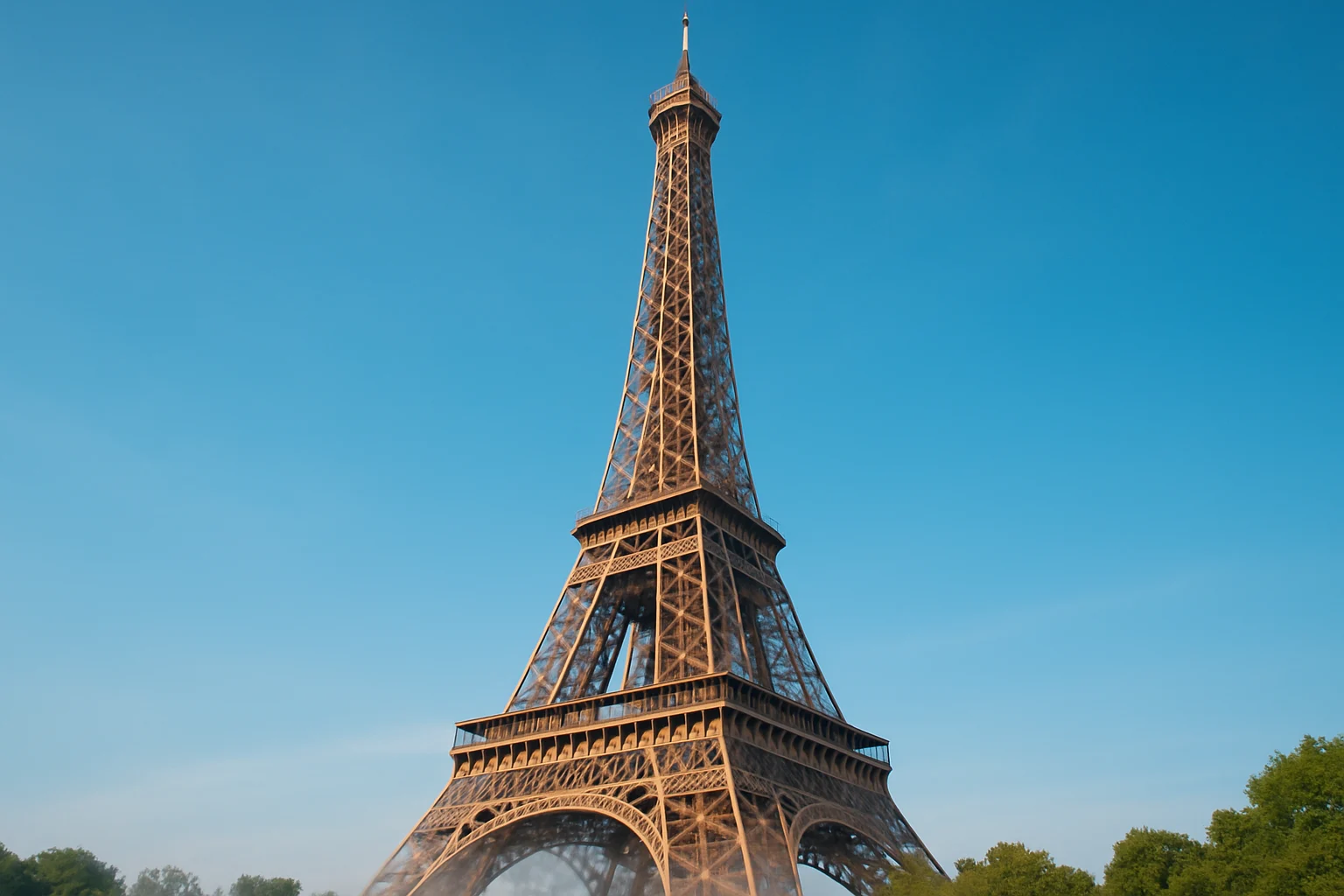 Vista desde abajo de la Torre Eiffel en un día soleado, con cielo azul claro y un leve efecto de calor distorsionando el aire.