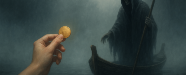 Mano humana ofreciendo una moneda dorada hacia el barquero Caronte en medio de un río cubierto de niebla. Inspirado en quién es Caronte.
