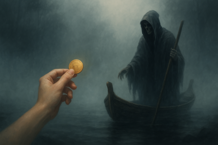 Mano humana ofreciendo una moneda dorada hacia el barquero Caronte en medio de un río cubierto de niebla. Inspirado en quién es Caronte.